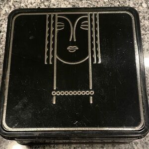 CHARLES OF THE RITZ Art Deco Tin Box Canister Black Face Lid 6x6x3 Vintage